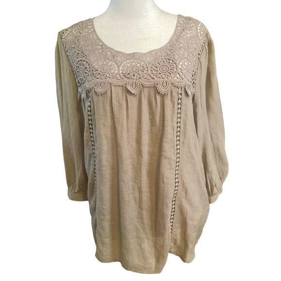 Fig and Flower Taupe Blouse with Lace Yoke and Front Details Size Small - Picture 1 of 5